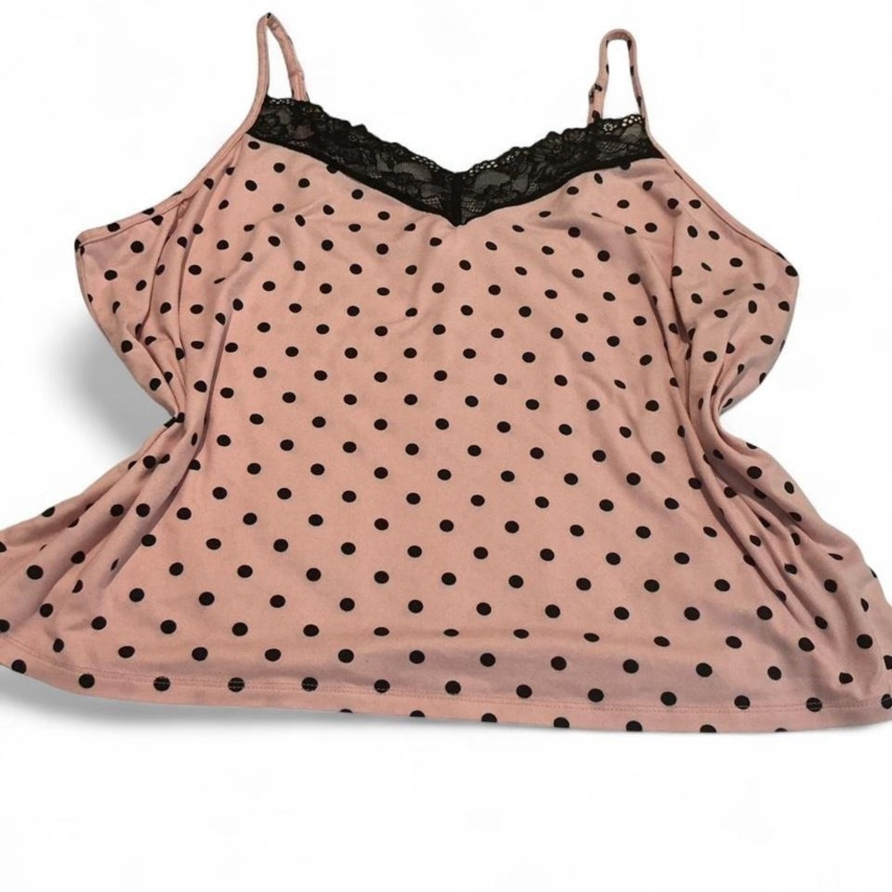 JOYSPUN Pink Black Polka Dot Lace Trim Cami Top Women's XL